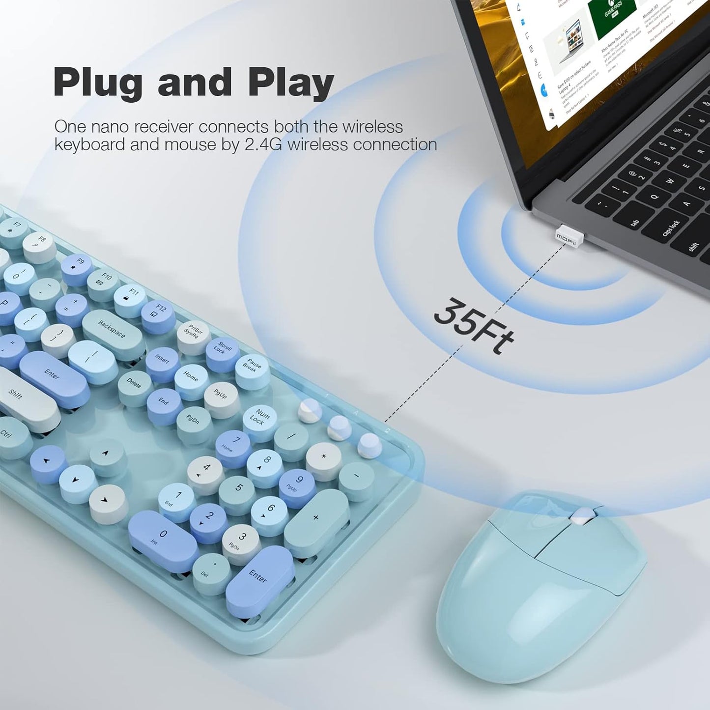 Wireless Keyboard and Mouse Combo, 104 Keys Full-Sized Typewriter Keyboards, 2.4 GHz USB Receiver Plug and Play, for Windows, PC, Laptop, Desktop (Blue Colorful)