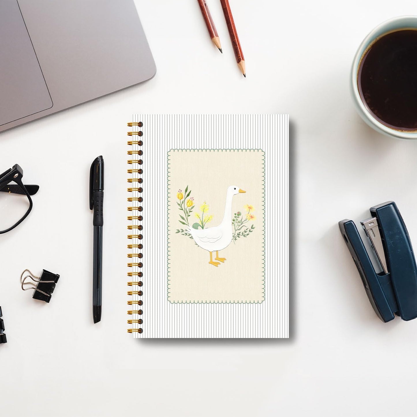 Guymn Sage Green Floral Goose Notebook, Cottagecore Flower Goose Journal for Kids Girls, Geese Animal Lover Gifts Hardcover Spiral Notebooks Journals 5.5x8.3 Inch