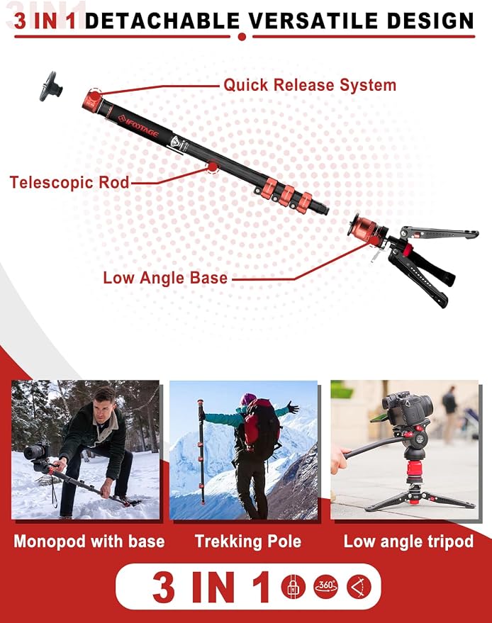IFOOTAGE Monopod Cobra 3 C180F-P+K5S, 1/4'' & 3/8'' Quick Release Compatible - Image 8