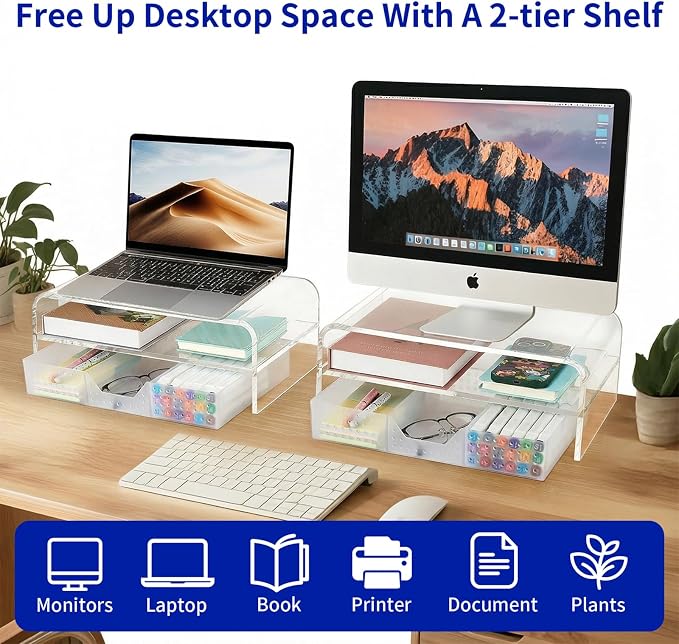 OPNICE Acrylic Clear Desk Organizers and Accessories, 2-Tier Computer Monitor - Image 3