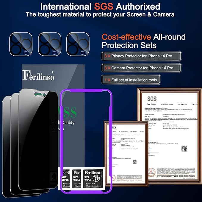Ferilinso 3 Pack for Apple iPhone 14 Pro Privacy Screen Protector Tempered - Image 3