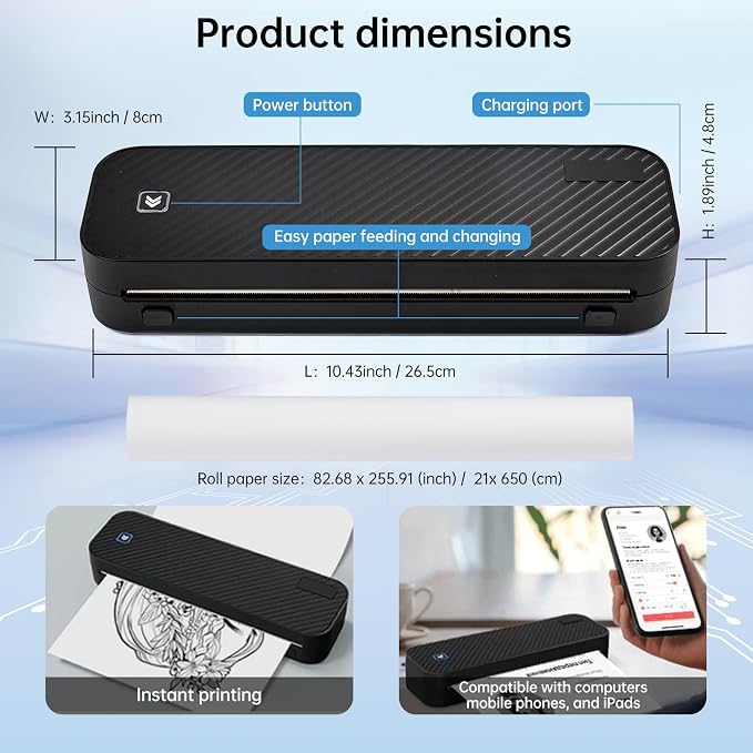 Portable Printer for Travel Bluetooth, Inkless Travel Printer, supports thermal - Image 2