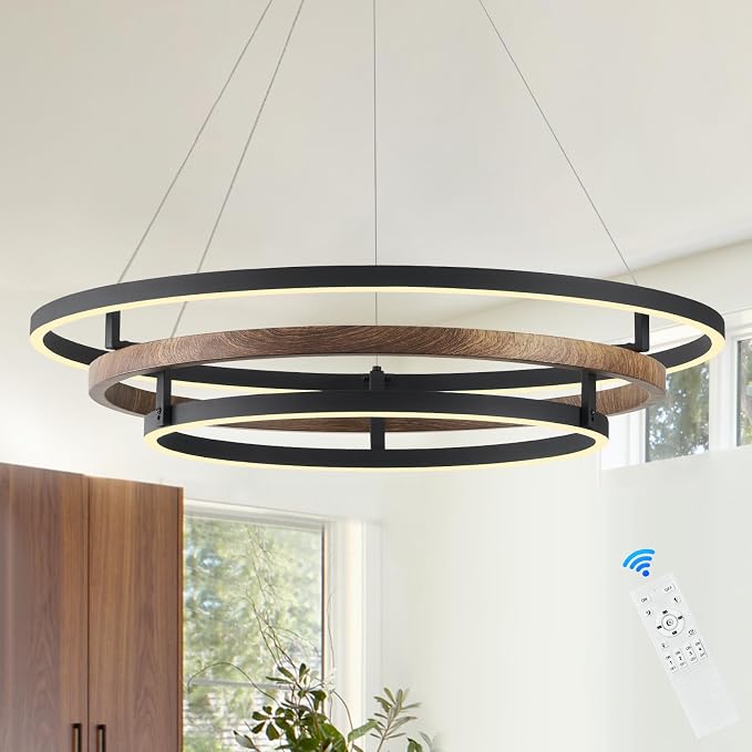 3 Ring LED Chandelier Walnut Wood Black Chandelier Light Fixture 31in Dimmable by Aodoran