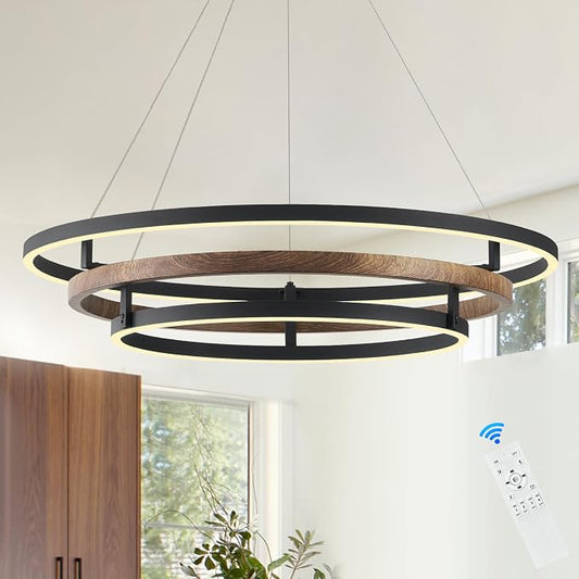 3 Ring LED Chandelier Walnut Wood Black Chandelier Light Fixture 31in Dimmable by Aodoran