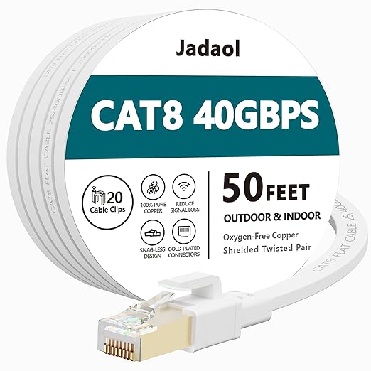 Jadaol Cat 8 Ethernet Cable 50 ft, 40Gbps 2000MHz Flat RJ45 S/FTP LAN Patch by Jadaol