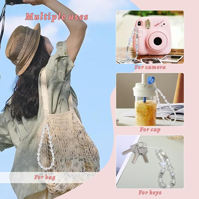Pink Beaded Phone Wrist Straps, Y2K Phone Case Charms Camera Charm Strap - Image 3