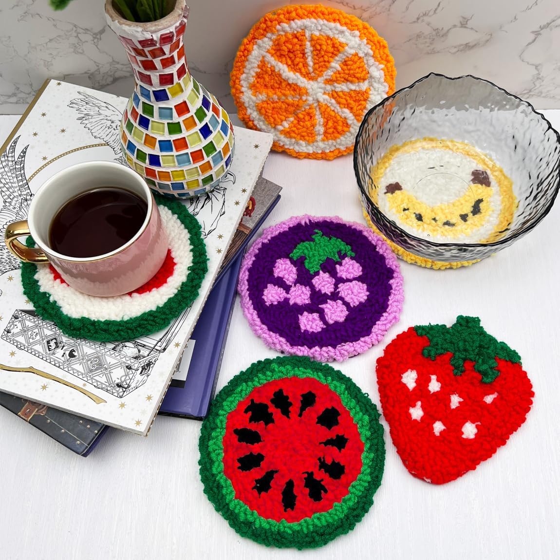 Punch Needle Kit for Adults Beginners, 6-Piece Cute Fruit Punch Coaster Starter Kit – Easy Embroidery Stitch Craft Set with Instructions – Fun Needle Point Tufting for Table Decor & Festival Gifts