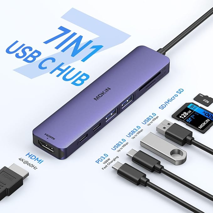 MOKiN 7 in 1 USB C Hub with HDMI, microSD/SD Card Reader, USB 3.0, 100W PD - Image 2