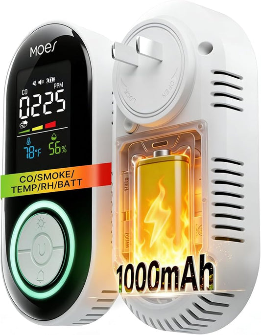 MOES Plug-in 4-in-1 S-moke & C-arbon M-onoxide D-etector Screen, 1000mAh by MOES+HEALTH