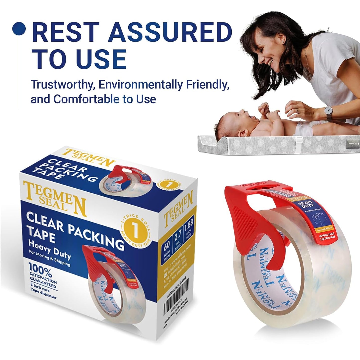 Heavy Duty Clear Packing Tape with Dispenser Combo for Shipping, Moving & Storage,Thicker Clear Packing Tape,1.88 inches Wide, 60 Yards Per Roll, 60 Total Yards