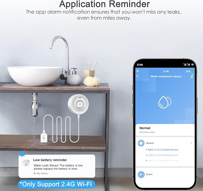 Wi-Fi Water Leak Detector, 100dB Adjustable Audio Alarm Sensor, Sensitive Leak - Image 5