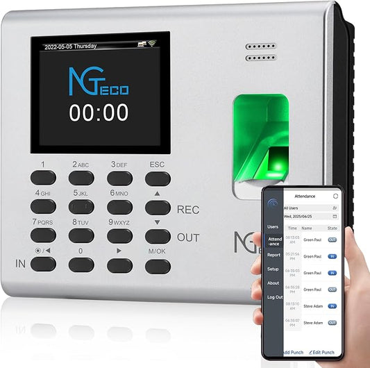 NGTeco APP-Based Time Clock for Employees Small Business, Automatic Fingerprint by NGTeco