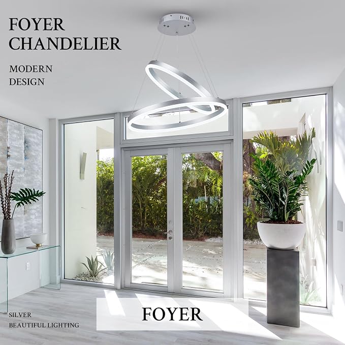 Modern LED Chandelier Silver 2-Rings Pendant Light Circular Flush Mount Ceiling - Image 8