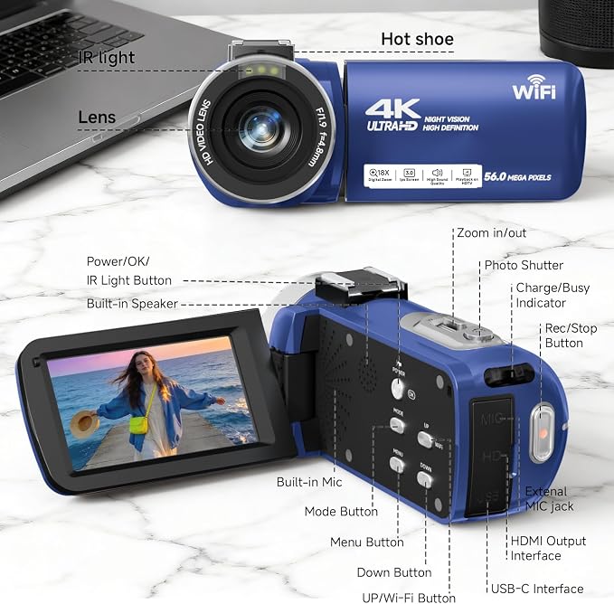 Video Camera, 4K Camcorder 56MP Digital Video Recorder 18X Zoom 3" 270° - Image 9