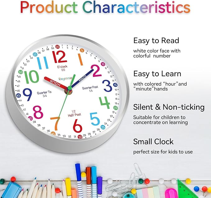 Roymnie Wall Clock for Kids Learning to Tell Time Easily Non Ticking Battery - Image 6