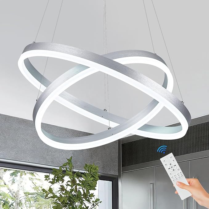 Modern LED Chandelier Silver 2-Rings Pendant Light Circular Flush Mount Ceiling by Sparklelf