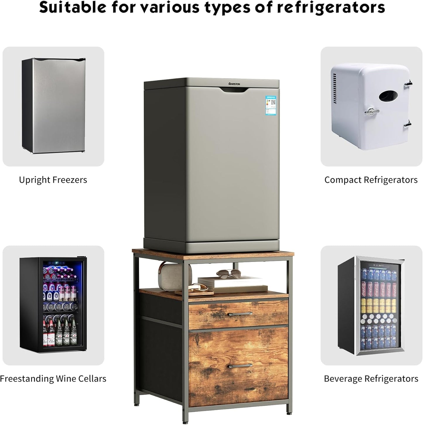 Mini Fridge Stand with 3 Storage, Mini Fridge Cabinet, Beverage Fridge Table, Heavy Duty 21.3" L* 22.7" W Tabletop, for Dorm, Apartment,Office, Bedroom Rustic Brown HB01BXN