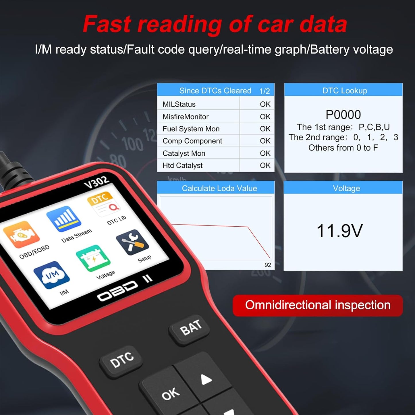 OBD2 Scanner Diagnostic Tool - Code Reader for Cars, Check Engine Light, Read/Clear Error Codes, Emissions Readiness, Battery Tester, All OBD II Vehicles Since 1996