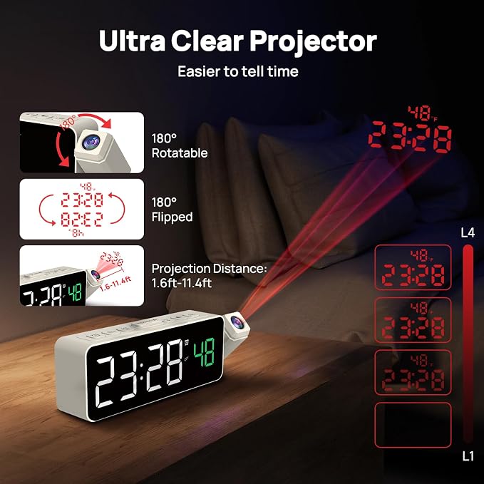 Netzu Projection Alarm Clock for Bedroom Ceiling, Small Compact Plug-in Digital - Image 3