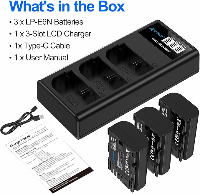 Artman LP-E6N LP-E6 Battery 3-Pack 2750mAh and 3-Slot LCD Charger - Image 7