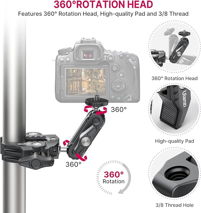 ULANZI Super Clamp Camera Clamp Mount Monitor 360° Ballhead Magic Arm Double - Image 5