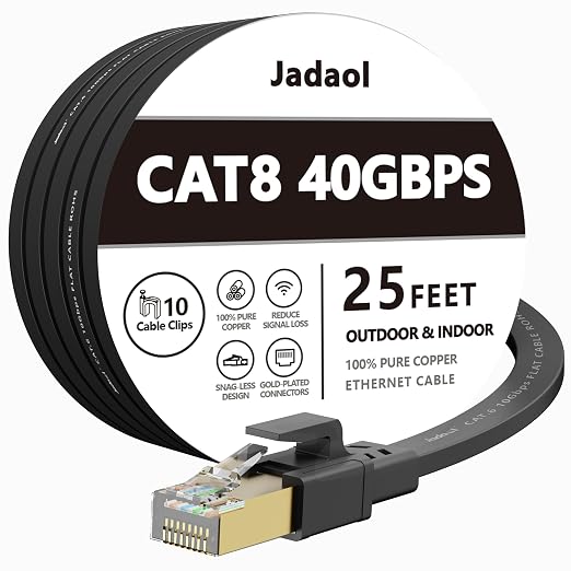 Jadaol Cat 8 Ethernet Cable 25 ft, 40Gbps 2000MHz Flat RJ45 S/FTP LAN Patch by Jadaol