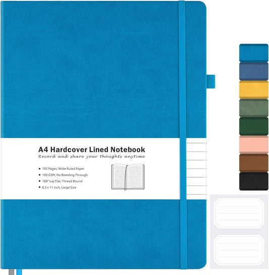 Lined Journal Notebook, 8.5" x 11" Hardcover Leather Notebook for Work, Wide Ruled Notebook Journal for Women Men, 192 Thick Paper, Lay Flat, 2 Pockets, A4 Large Journals for Writing, Navy Notebook