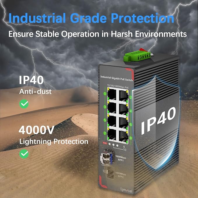 8-Port Industrial Gigabit PoE Switch, 96W PoE Budget 48-57V Output, 2 x SFP - Image 6