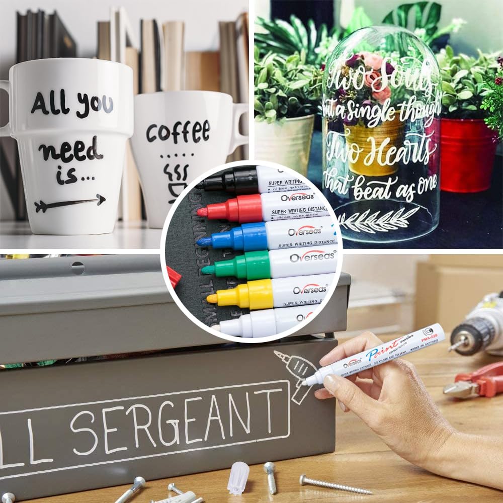 Overseas Paint Pens Paint Markers, 6 Colors Oil Based Permanent Markers, Medium Tip, Quick Dry and Waterproof Assorted Color Marker Pen for Metal, Wood, Plastic, Rock, Canvas, Glass, Rubber