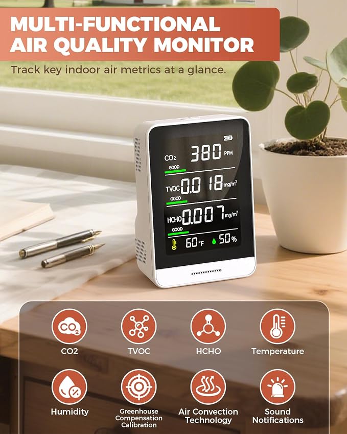 Indoor Air Quality Monitor, 5 in 1 Portable Real-Time Smart Air Quality Tester - Image 2