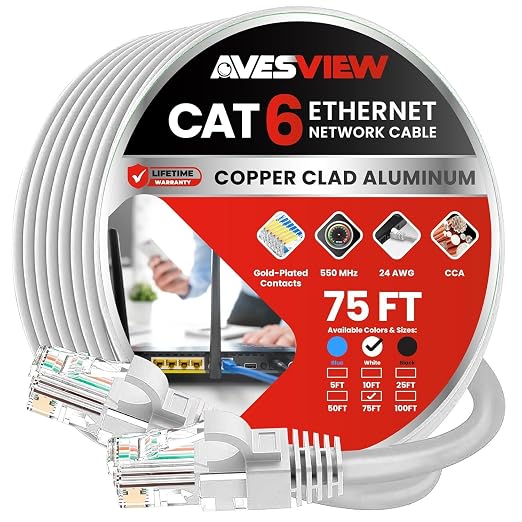 CAT 6 75 Foot Ethernet Cable Indoor High-Speed 10Gbps Snagless Long CAT6 by AvesView