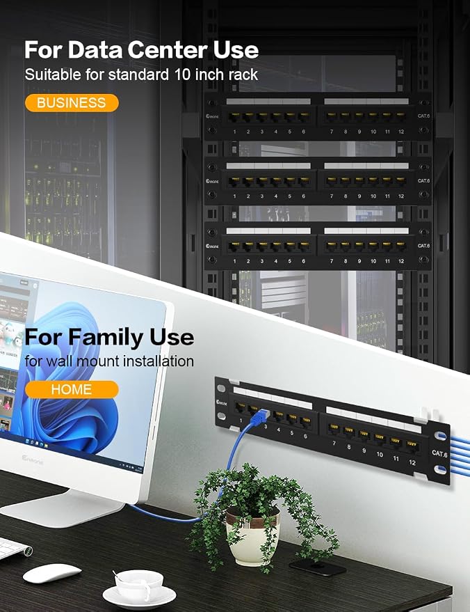 12 Port CAT6 Patch Panel Mini Wall Mount Bracket Included and 89D Bracket UTP - Image 3