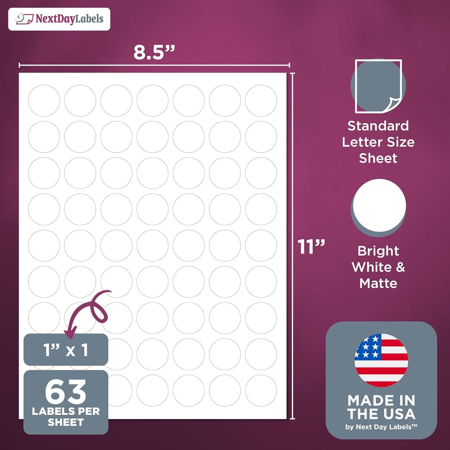 NextDayLabels - 1 Inch Round Circle Stickers - Matte White Blank Laser/Inkjet Printer Labels (50 Sheets, 3150 Labels)