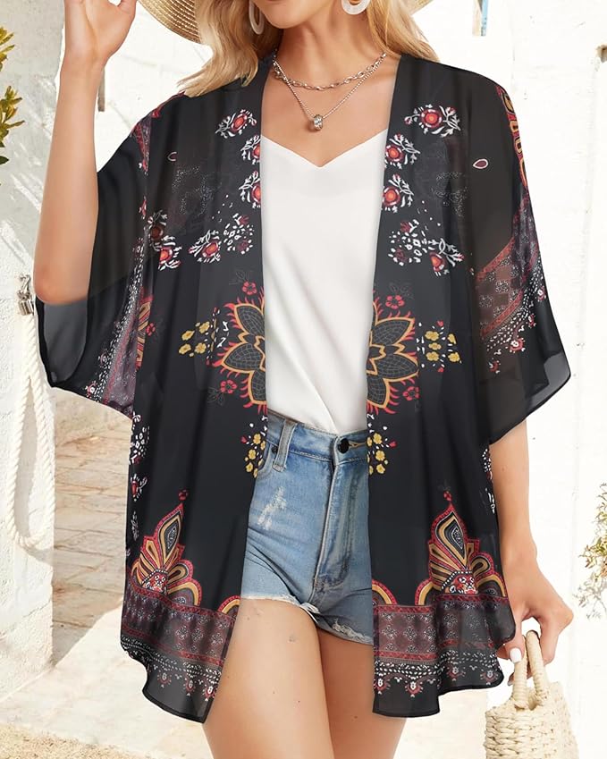 Women's Floral Print Puff Sleeve Kimono Cardigan Loose Cover Up Casual Blouse - Image 2