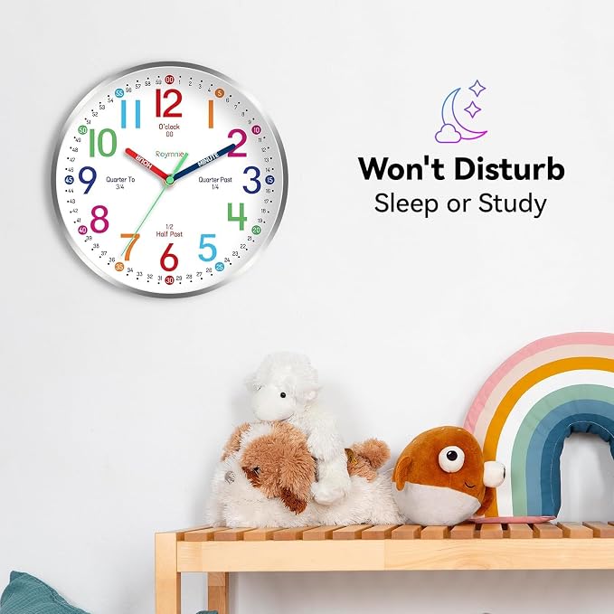 Roymnie Wall Clock for Kids Learning to Tell Time Easily Non Ticking Battery - Image 5