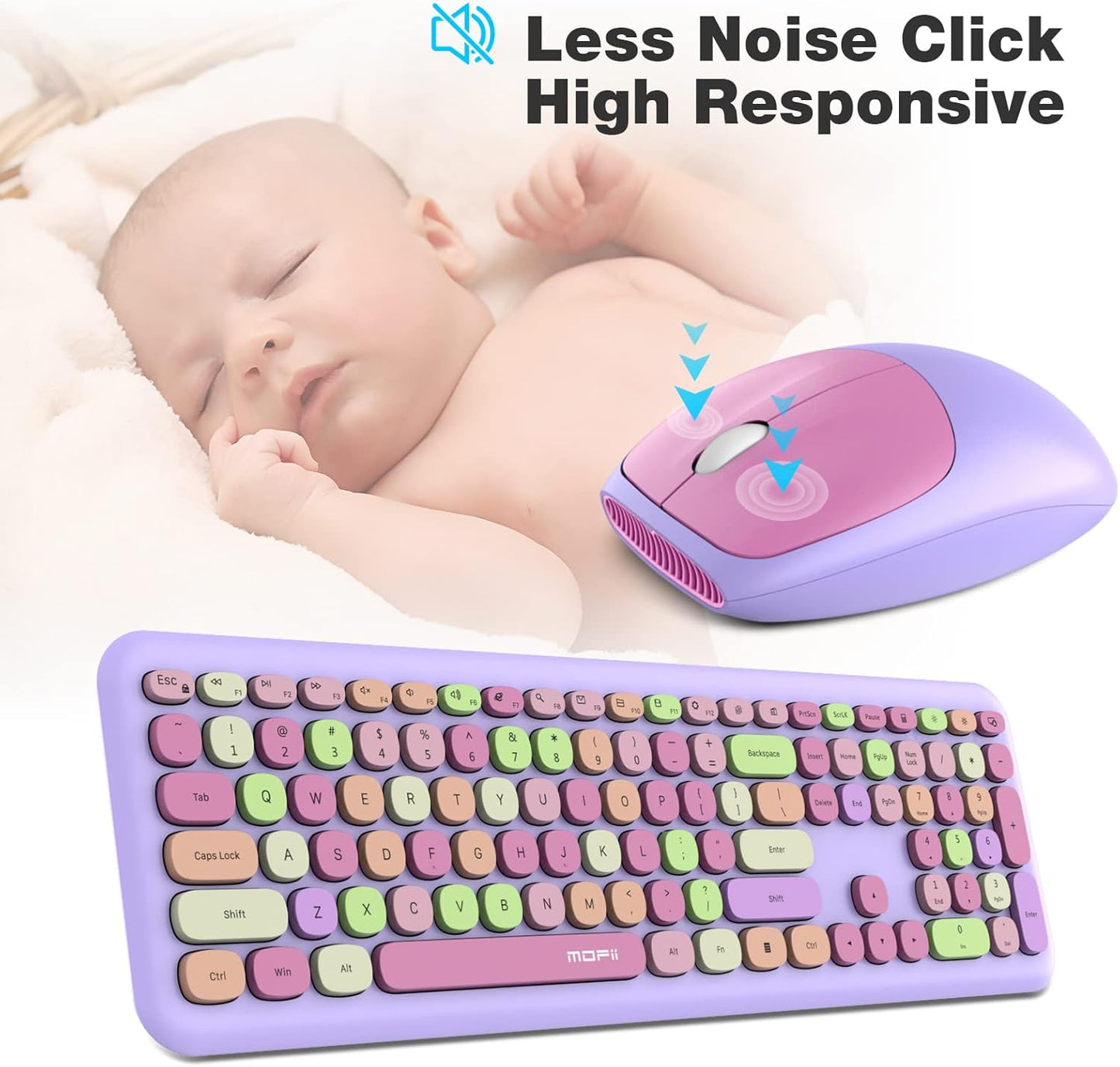 MOFII Wireless Keyboard and Mouse Combo, 2.4G Silent Cordless Slim Full Size Keyboard and Ergonomic Mice Set for Laptop, Desktop, MacBook, PC - Purple Colorful