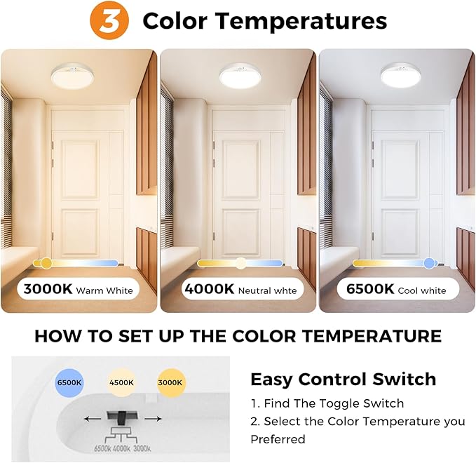 Slochi 2Pack Motion Sensor Ceiling Light Wired, 3000K/4000K/6500K Motion Sensor - Image 3