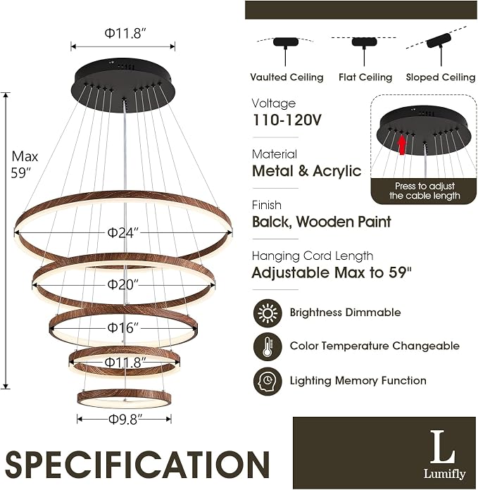 Modern LED Ring Chandelier 5-Light Chandelier Wood Grain Dimmable Round Foyer - Image 7