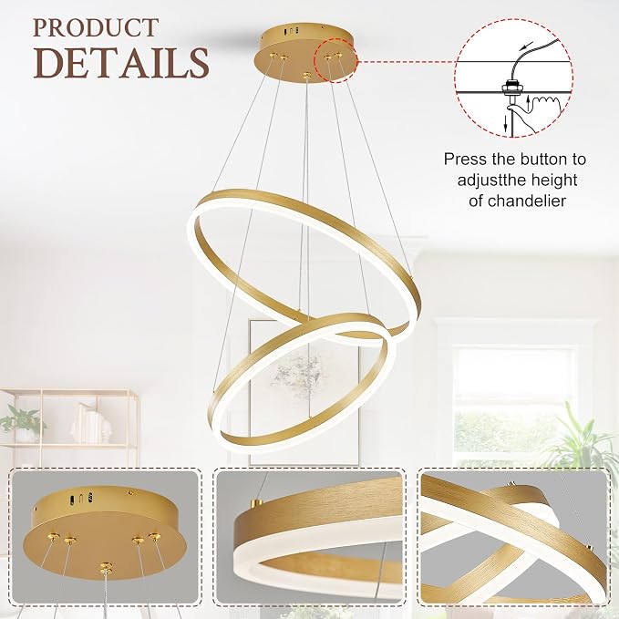 Modern LED Chandelier Gold 2-Rings Pendant Light Circular Flush Mount Ceiling - Image 7