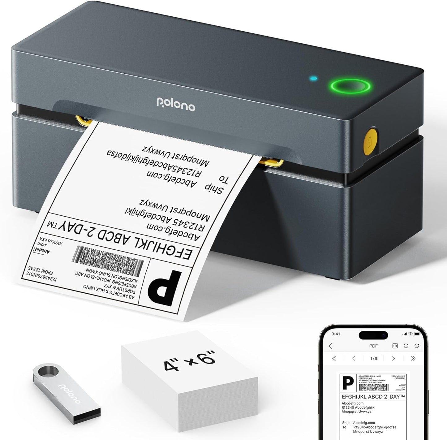 POLONO Bluetooth Thermal Shipping Label Printer, Wireless 4x6 Shipping Label Printer for Small Business, Support iOS, Android, Windows and Mac, Compatible with Amazon, Ebay, Shopify, Etsy, USPS (Grey)