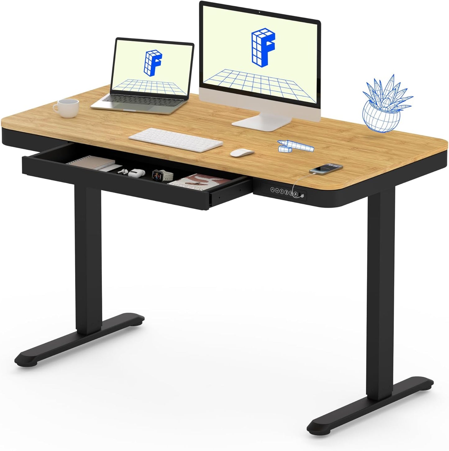 FLEXISPOT Comhar Electric Standing Desk with Drawer Desktop & Adjustable Frame w/USB Charge Ports (Bamboo Texture/Black, Wood)