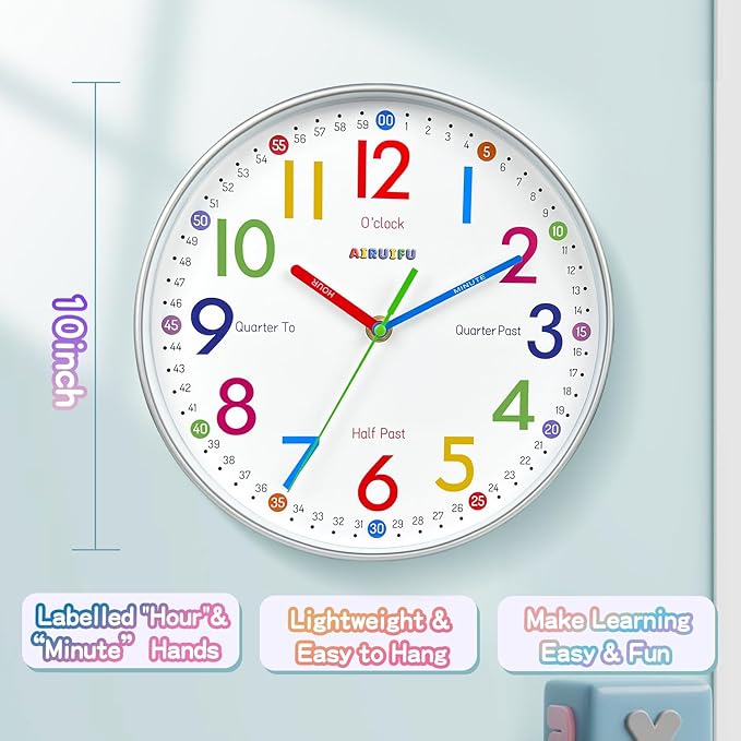 Wall Clock for Kids Learning Tell Time Easily Non-Ticking Battery Operated Kids - Image 5
