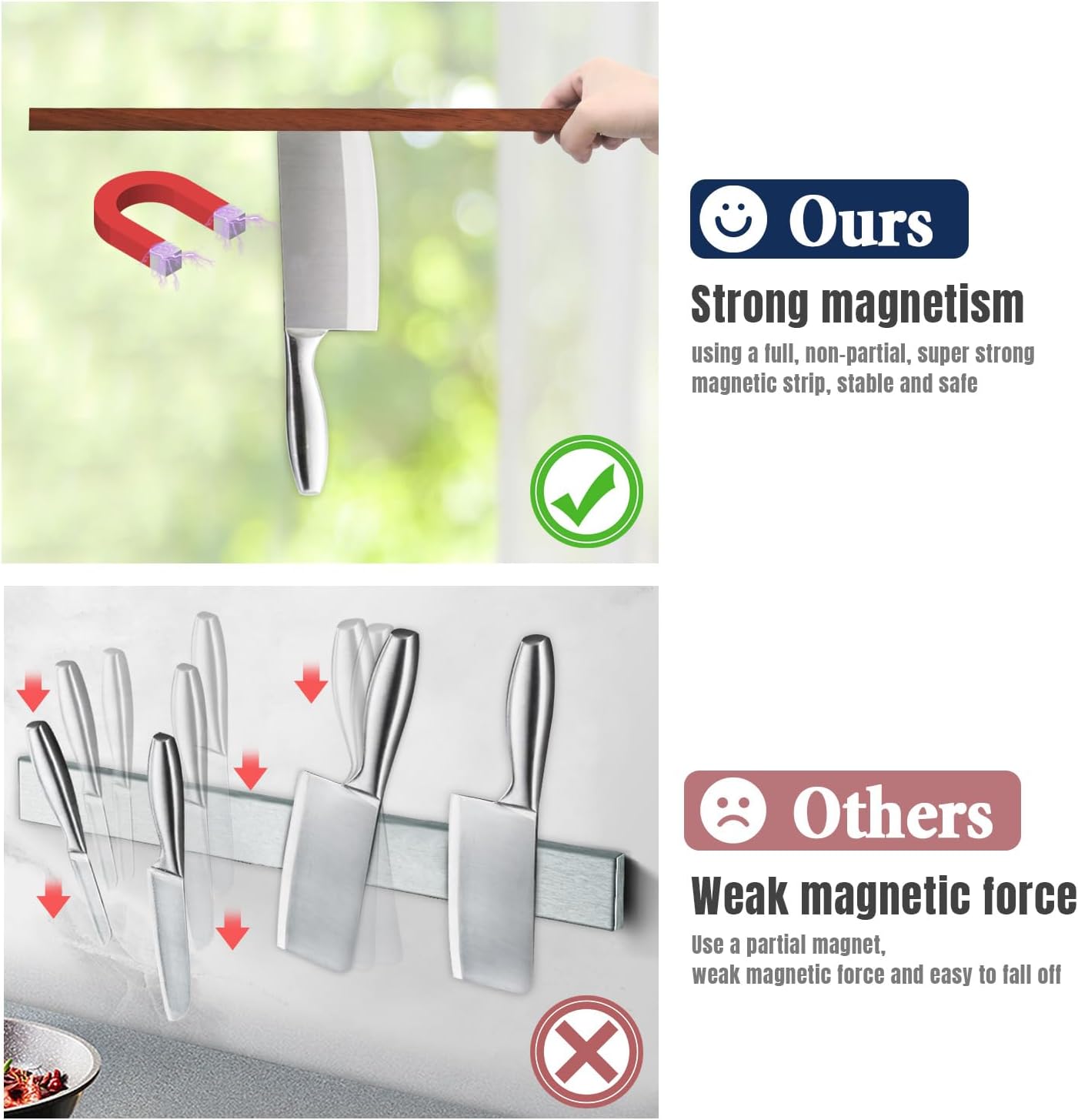 Dmore magnetic knife holder for wall—with 2 hooks, No Drilling 23 Inch walnut knife magnetic strip, Powerful knife magnet rack, include Adhesive Tape and screws for Knives, Utensils, and Tools