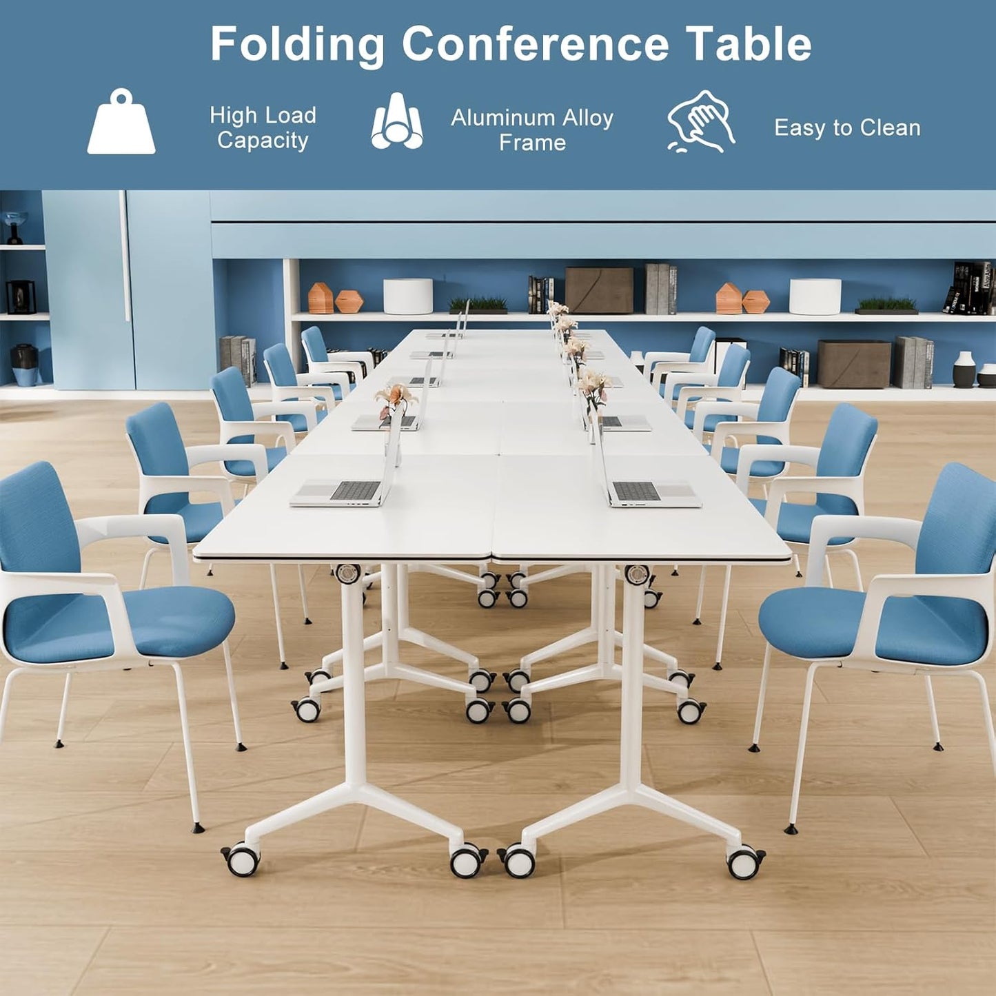8pack Folding Conference Room Table, Modern Conference Tables with Silent Wheels, Large Rectangular Mobile Training Tables for Office Classroom, Foldable Modular Seminar Table White (L70.9in)