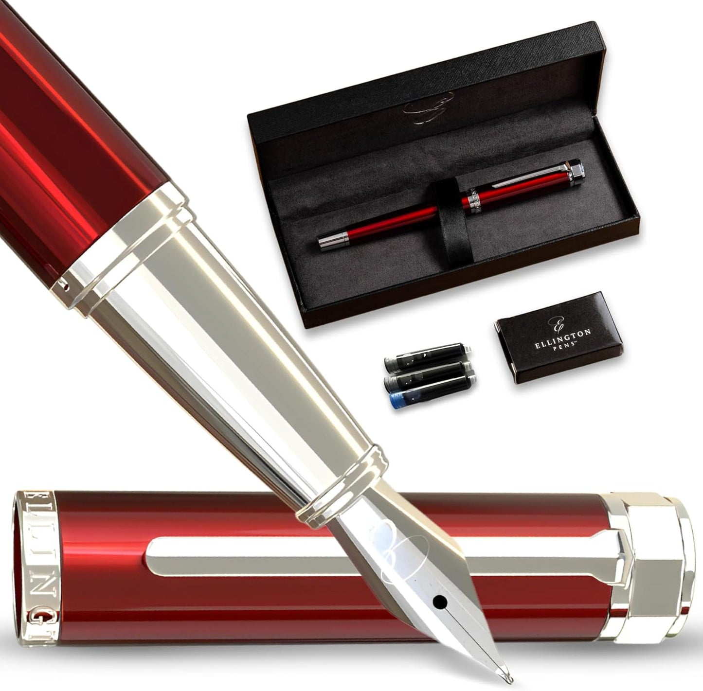 Luxury Fountain Pen Set- Fountain Pens for Writing - Smooth Medium Nib - Includes Refillable Ink Converter, 3 Ink Cartridges [Black & Blue], Gift Box - Elegant Calligraphy