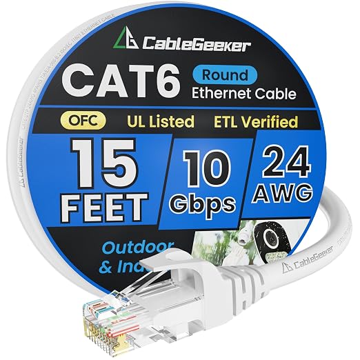 Cat 6 Ethernet Cable 15 ft, Indoor&Outdoor, High Speed 10Gbps 24AWG Pure Copper by CableGeeker