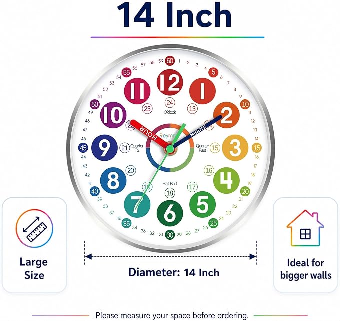 Roymnie Wall Clock Teaching Time Wall Clocks Battery Operated Silent Non Ticking - Image 9