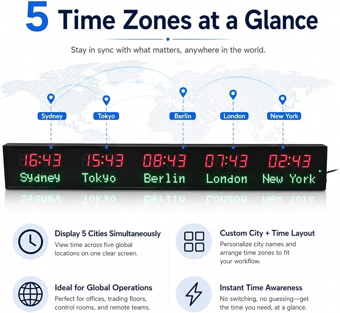 LED World Clock 5 Time Zones, WiFi Auto-Sync Digital Wall Clock, Wide Viewing - Image 4
