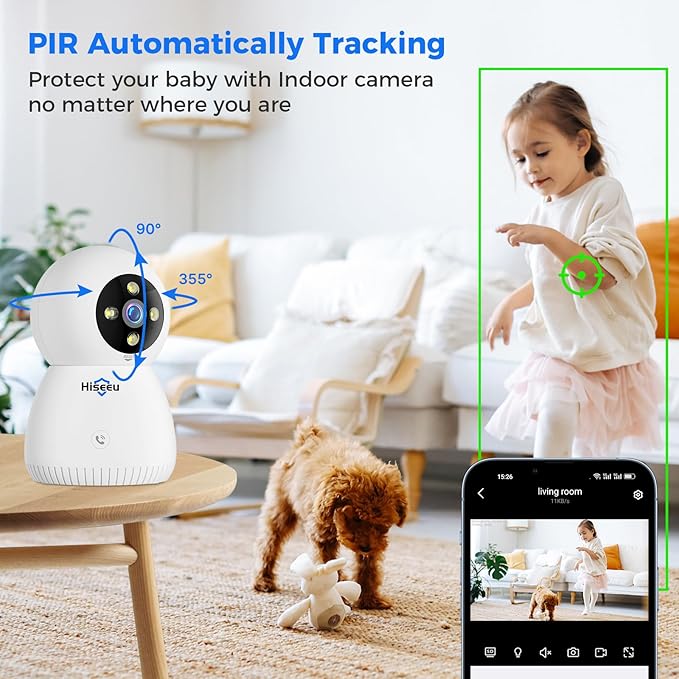 Hiseeu Indoor Security Camera, 2.4G/5G 5MP Pet Camera Baby Monitor, PTZ 360° - Image 2