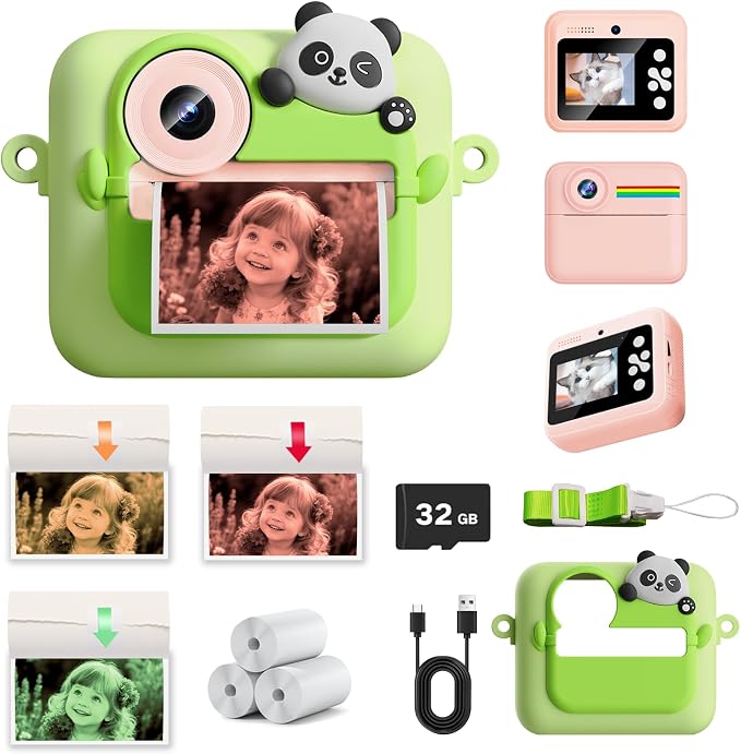 Kids Camera Instant Print with Color Printing Paper and Protective Case 32GB by GUEDIEO